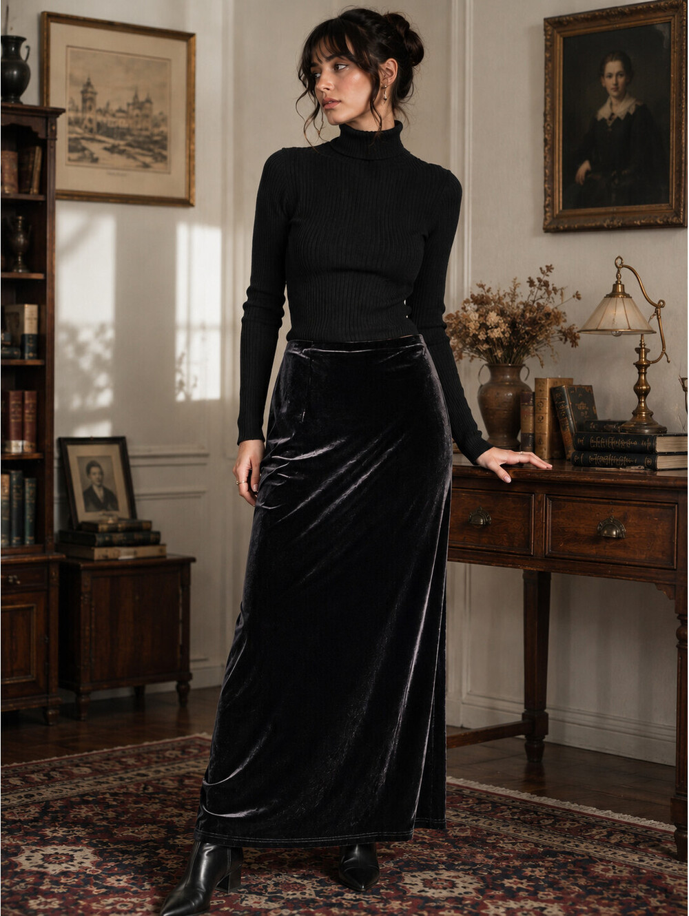 Vintage Express Tricot Velvet Maxi Skirt womens M Black 90s Dark Academia Goth